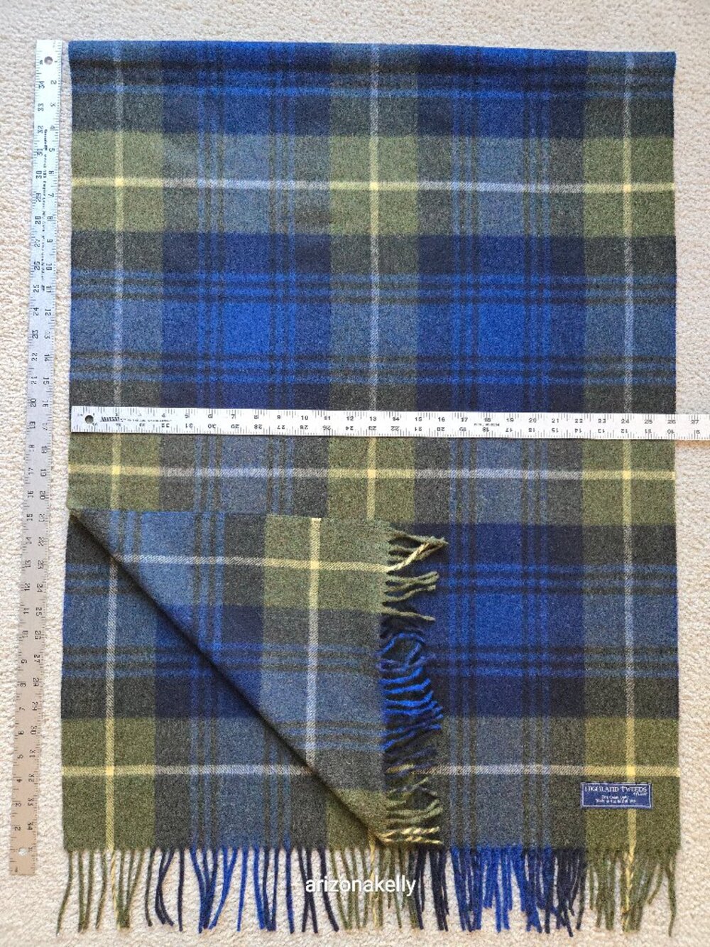 NWOT Highland Tweeds Scarf Lambswool Oversized Plaid Blue & Green Wool UK